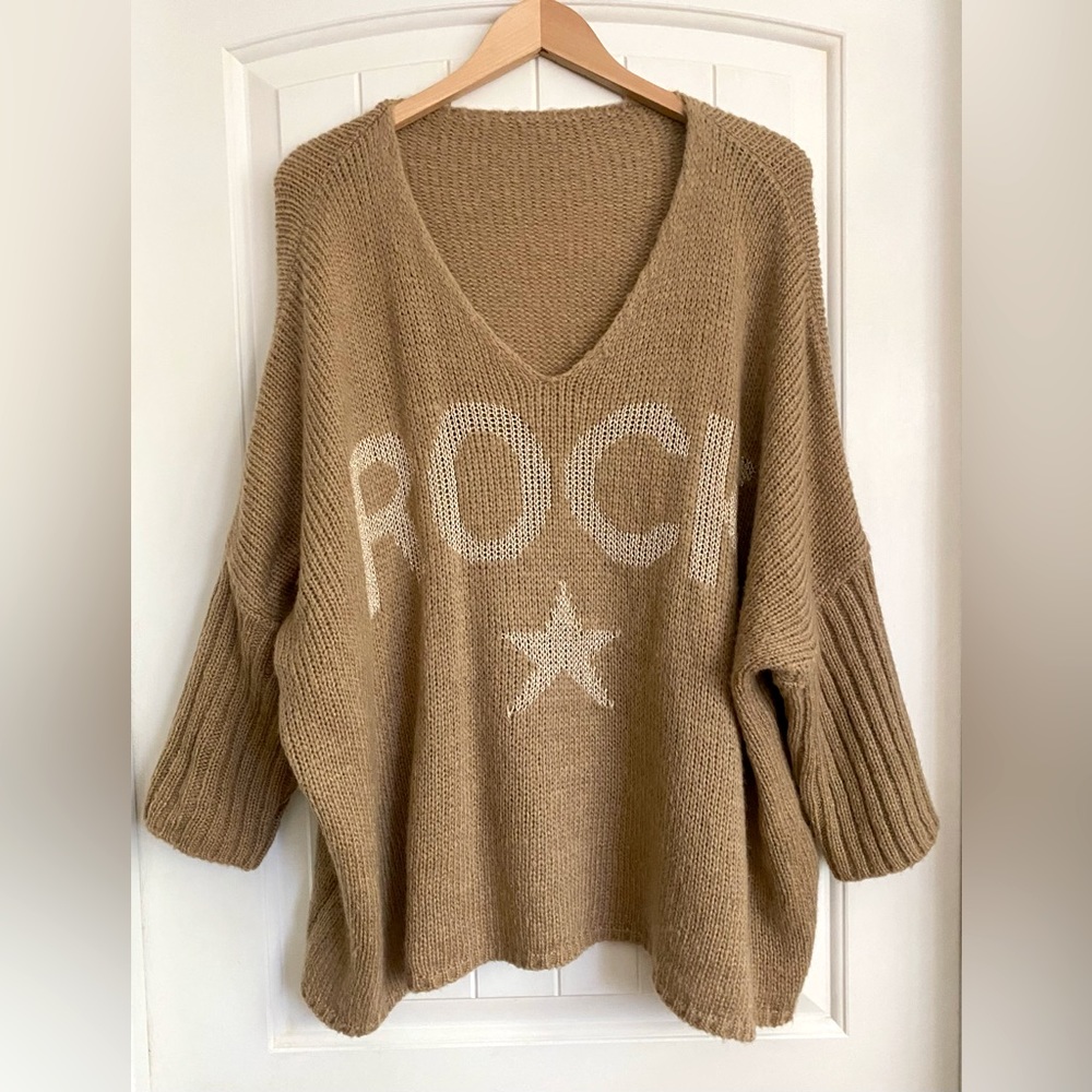 Tan V Neck Rock Star Dolman Sweater with Gold Letters & Star V Holland Boutique